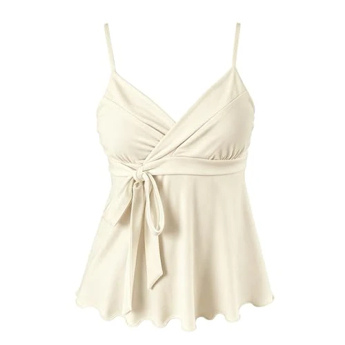 Offerta a tempo: Y2K - Canottiera da donna con spalline, in cotone, estiva, con pois, tinta unita, con nodi sul davanti, perfetta per uscire e feste, beige., S - 0.00% da 21.98 € a 21.98 €