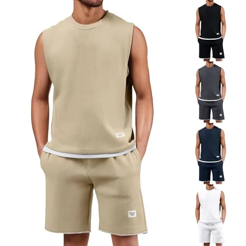Offerta a tempo: Tnompsu Tuta Uomo Completa Estivi 2 Pezzi - Tute in Waffle Canotta Girocollo Senza Maniche E Pantaloncini con Tasche Coulisse Set Casual Leggera Completo Estivo Uomo per Tempo Libero E Fitness - 0.00% da 39.98 € a 39.98 €