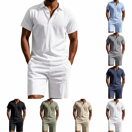 Tnompsu Survêtement d'été élégant pour homme 2 pièces avec t-shirt polo manches courtes à boutons et pantalon court avec poches, couleur unie, respirant, confortable, en lin et coton, pour la plage