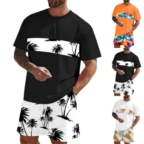 Tnompsu Trainingspak voor heren, 2-delig, zomerpak voor heren, T-shirt met korte mouwen, ronde hals, Hawaï-shorts, met zakken, funky-print, licht, Hawaï-zomerpak voor strand en vakantie, 01# zwart, S