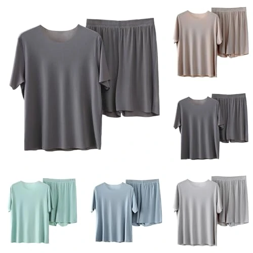 Tnompsu Chándal de hombre completo de 2 piezas conjunto pijama de hombre camiseta de noche de manga corta y pantalones cortos de verano con cintura elástica color liso conjuntos de verano suave cómodo