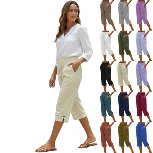 Offerta a tempo: Vanarseit Pantaloni 3/4 Donna Estivi Leggeri in Misto Lino con Elastico in Vita E Coulisse Pantalone Capri Largo Casual Elegante con Tasche Laterali per Mare Spiaggia Tempo Libero Tinta Unita Comodi - 0.00% da 23.98 € a 23.98 €