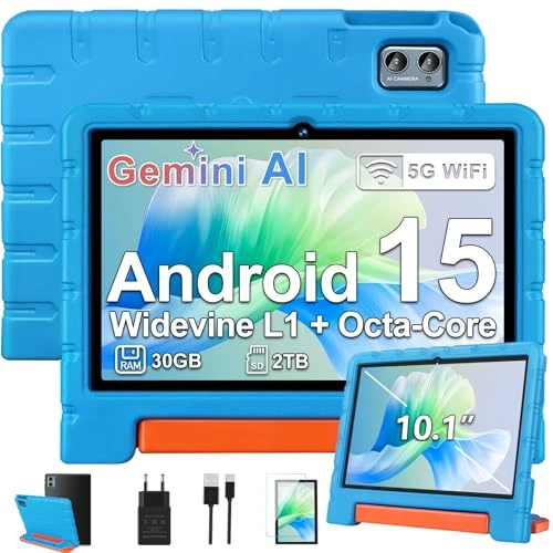 Offerta a tempo: ZIOVO Tablet bambini Android 15 Tablet 10 pollici, 30 GB RAM + 64 GB ROM (TF 2 TB) Gemini AI, 5 G WiFi/Octa-Core/Widevine L1/Face ID/Controllo genitore/6000 mAh/BT 5.0, Tablet con custodia EVA - Blu - 63% da 299.99 € a 109.99 €