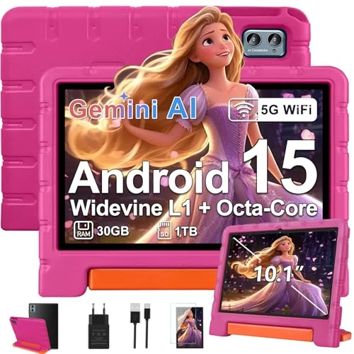 Offerta a tempo: ZIOVO Tablet bambini Android 15 Tablet 10 pollici, 30 GB RAM + 64 GB ROM (TF 2 TB) Gemini AI, 5 G WiFi/Octa-Core/Widevine L1/Face ID/Controllo genitore/6000 mAh/BT 5.0, Tablet con custodia EVA - Rosa - 63% da 299.99 € a 109.99 €