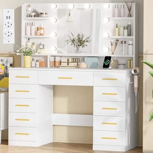 Offerta a tempo: BEWISHOME Grande Toletta da Trucco con Specchio e Luci,3 Colori Regolabile,Toeletta con Presa,Tavolo da Trucco con 11 Cassetti e 6 Ripiani Aperti,Postazione Trucco Moderno Bianco EFST50W - 0.00% da 149.99 € a 149.99 €