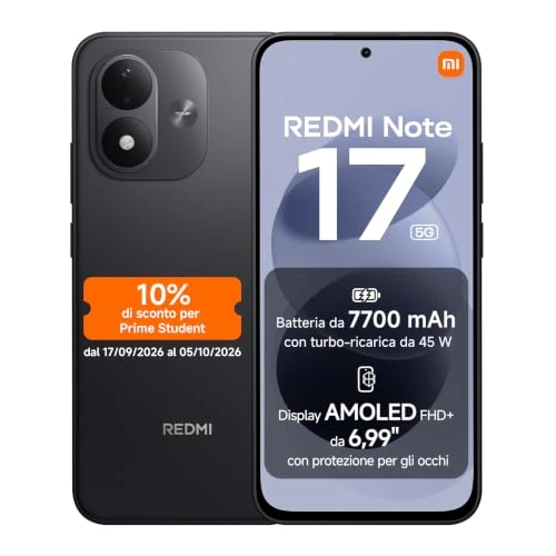 Offerta a tempo: REDMI Note 17 5G, Smartphone 6+128GB, Black, Batteria da 7700 mAh - 14% da 349.90 € a 299.90 €