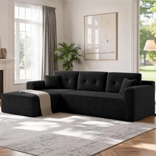 Offerta a tempo: VASAGLE Divano Angolare a 3 Posti, Velluto a Coste, con Penisola Destra, Seduta Profonda, 242 x 152 x 73 cm, Nero, per Soggiorno, Collezione Camila LCS183B101 - 10% da 369.99 € a 332.99 €