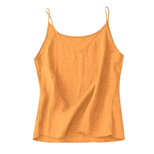 Offerta a tempo: Canottiera Donna Cotone Spalline Sottili- Camicia Donna Elegante Cotone E Lino Scollo A V Profondo Camisole Tinta Unita Camicette Leggera Traspirante Maglietta Sciolto Sottogiacca Per Le Vacanze - 0.00% da 15.82 € a 15.82 €