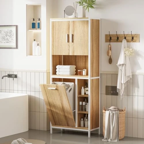 Offerta a tempo: ELUCHANG Mobiletto bagno con 2 portabiancheria(50L)-2 in 1 Mobile bagno salvaspazio per Bagnos,Sacchi Interni Rimovibili Lavabile, Soggiorno,63x30x162cm - 8% da 158.99 € a 146.99 €