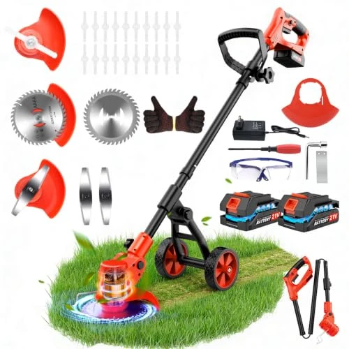 Offerta a tempo: Decespugliatore a Batteria da 4-IN-1,Tagliabordi a Batteria Decespugliatore Elettrico con 2×2,0Ah Batterie con Caricabatterie e Ruote Rimovibili, 3 Tipi di Lame per Il Taglio Di Giardini Prati - 0.00% da 79.99 € a 79.99 €