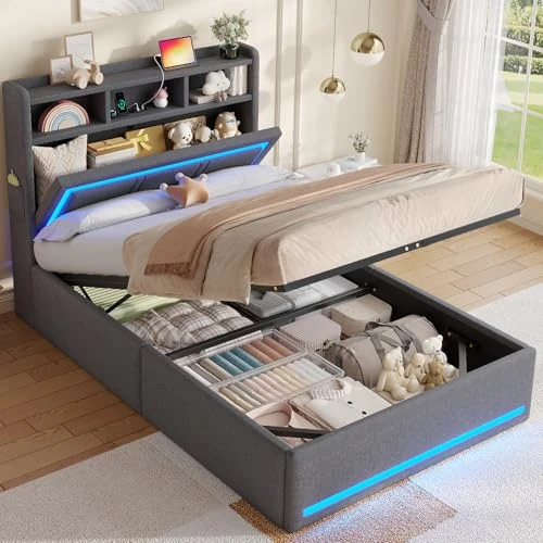 Offerta a tempo: AOGLLATI Letto Singolo con Contenitore, Letto Singolo 90x200 cm con Luci LED, 3 Porte USB e 1 Porta Type-C, Struttura Letto con Cassone Idraulico, Letto Imbottito con Testiera (Grigio Scuro, Lino) - 0.00% da 149.99 € a 149.99 €