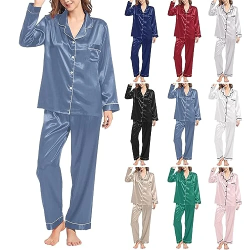 Offerta a tempo: 2026 Pigiama Da Donna In Raso Estivo Leggero Pigiama 2 Pezzi Morbido Traspirante Pigiami A Maniche Lunghe Con Bottoni E Pantalone Lunghi Pigiami Set Tinta Unita Comodo Abbigliamento Per Relax Casa - 0.00% da 29.98 € a 29.98 €