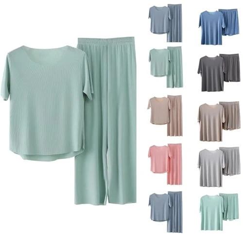 Offerta a tempo: Pigiama Donna Seta Di Ghiaccio Da Pigiami Leggero Traspirante Pigiama Due Pezzi Estivo Camicia Da Notte Manica Corta Maglietta E Pantaloni Lunghi Pigiami Tinta Unita Fresco Comodo Loungewear Per Casa - 0.00% da 17.98 € a 17.98 €