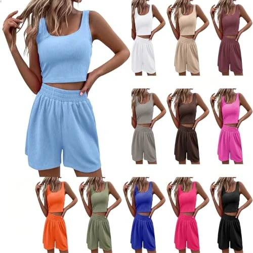 Offerta a tempo: 2 Pezzi Completo Corto Pigiama Donna Estiva Casual Tuta Sportiva Tinta Unita A Coste Canottiere Senza Maniche E Pantaloncini Vita Alta Morbido Traspirante Pigiami Set Per Jogging Casa Fitness 2026 - 0.00% da 29.98 € a 29.98 €