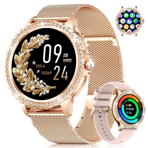Tijdelijke aanbieding: Smartwatch voor dames met zirkoniastenen, 1,32 inch HD touchscreen Ultra 9 mm, elegant fitnesshorloge met Bluetooth oproep en berichten, hartslag/SpO2/menstruatiecyclus, 100+ sportmodi van 69.99 € naar 46.99 € (33% korting)