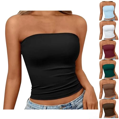 Offerta a tempo: Top Fascia Donna Senza Spalline Crop Tube Top Elasticizzato Aderente,T-Shirt Senza Maniche Leggera e In Tinta Unita Y2K Canotta Estiva Elegante Spalle Scoperte per Vacanze Al Mare e Tempo Libero - 0.00% da 8.99 € a 8.99 €