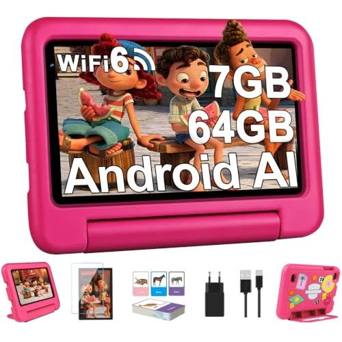 Offerta a tempo: 2026 Tablet Bambini 7 pollici Android, 7GB RAM + 64GB ROM/TF 1 TB, Wi-Fi 6, BT 5.0, 8-core, Batteria 3500mAh, Controllo Parentale, Doppia Fotocamera, GMS, Tablet Bambini Con Custodia in EVA - Rosa - 70% da 199.99 € a 59.99 €