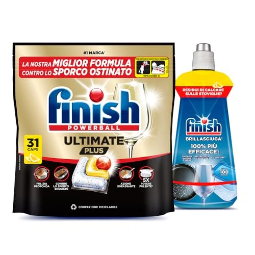 Offerta a tempo: Finish Kit Lavastoviglie, 31 Pastiglie Ultimate Plus al Limone contro lo Sporco e i Residui Incrostati e 1 Brillantante al Limone da 500ml - 30% da 20.08 € a 13.99 €