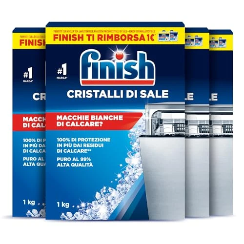 Offerta a tempo: Finish Sale per lavastoviglie, Additivo per Lavastoviglie in cristalli di Sale per proteggere dal calcare e dalle macchie d'acqua, 4 Confezioni da 1000 gr - 46% da 12.90 € a 6.99 €