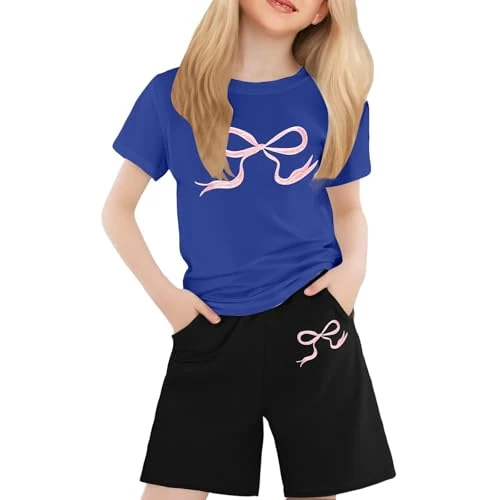 Offerta a tempo: Completi Estivi Bambina - Set Pantaloncini Corti Bambina, Top E Pantaloncini A Maniche Corte con Stampa Estiva per Ragazze, Set Carino Girocollo con Tasca, Outfit Casual Leggero E Confortevole - 3.71% da 53.98 € a 51.98 €