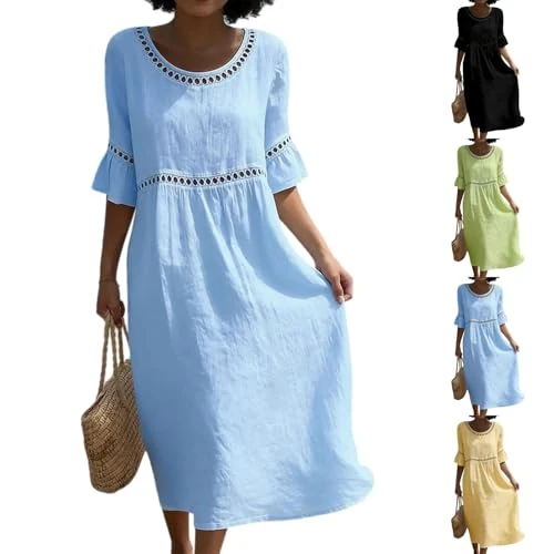 Offerta a tempo: Vestiti Lunghi Estivi Donna Casual Vestito In Lino Di Cotone Scollo Girocollo A Maniche A 3/4 Abito BohéMien Leggero Abiti Tinta Unita Traspirante Vestitino Lungo Taglie Forti Per Spiaggia Vacanza - 0.00% da 25.98 € a 25.98 €