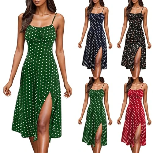 Offerta a tempo: Abito Estivo Midi Da Donna A Pois Vestito Stampa Floreale Abiti Sexy Spacchi Laterali Leggero Vestiti A Spalline Silhouette Abiti Elegante Vestitino A Vita Alta Linea Ad A Per Feste Spiaggia Party - 0.00% da 19.98 € a 19.98 €