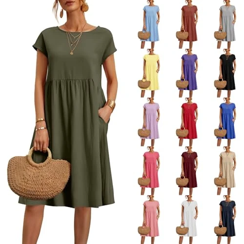 Offerta a tempo: Vestito Cotone Donna Estivo Vestiti Casual Loose Midi Abito Leggero Boho Maniche Corte Abito Scollo A Girocollo Vestiti Tinta Unita Comodo Abiti Eleganti Lunghezza Al Ginocchio Per Uso Quotidiano - 0.00% da 25.98 € a 25.98 €