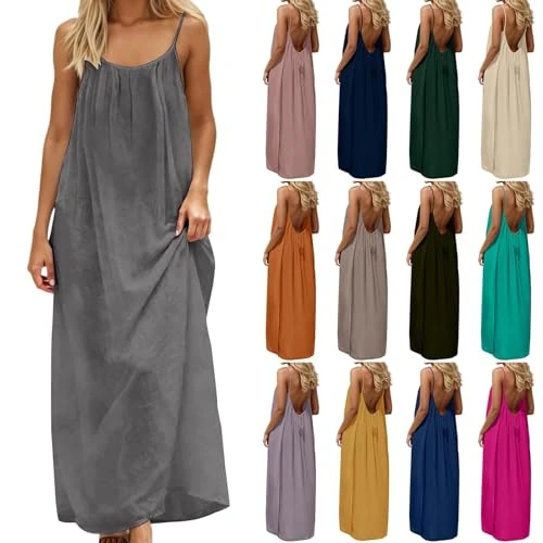 Offerta a tempo: Vestito Estivo Donna Lungo Lino Abito Morbido Traspiranti Vestiti Lunghi Sexy Senza Schienale Con Cordino Abiti Casual Tinta Unita Senza Maniche Loose Dresses Hawaiano Vestitino Spiaggia Per Vacanza - 0.00% da 25.98 € a 25.98 €