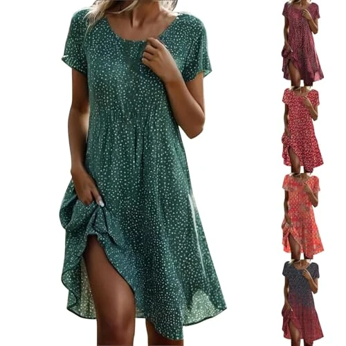 Offerta a tempo: Leggero Abito Estivo da Donna Abiti A Pois al Ginocchio da Spiaggia Vestito Elegante Boho Ampio Vestiti Casual Scollo Rotondo A Maniche Corte Vestitino Midi Svasato Motivo Floreale per Uso Quotidiano - 0.00% da 25.98 € a 25.98 €