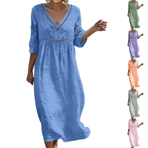 Offerta a tempo: Abito Lino Donna Abiti Estivo Lungo Boho Chic Abiti Vacanza Comodo Vestito In Cotone Scollo A V Largo Vestiti Da Spiaggia Tinta Unita Dress Traspiranti A Manica A 3/4 A Senza Manica A Maniche Corte - 0.00% da 25.98 € a 25.98 €