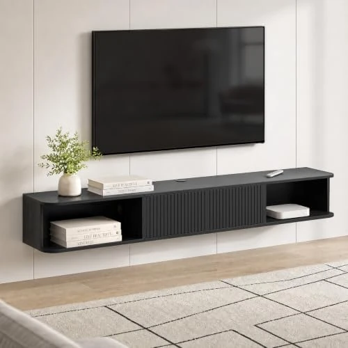 Offerta a tempo: Mobile TV Sospeso Nero per TV da 75 Pollici Mobile Porta TV Soggiorno Legno | Mobile TV Soggiorno Moderno con 2 Ante, 2 Ripiani Aperti, Mobiletto per Televisore, Soggiorno, Salotto Console TV 178x30x24cm - 37% da 127.66 € a 79.98 €