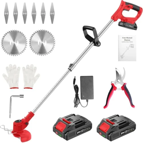 Offerta a tempo: Decespugliatore a Batteria 21V, Bamse Tagliabordi a Batteria con 2 Batterie 2,0Ah, 2 Tipi di Lame Tagliaerba Elettrico, Maniglia a Scomparsa, Decespugliatore Per Taglio Di Giardini, Prati, Rosso - 22% da 105.99 € a 82.99 €