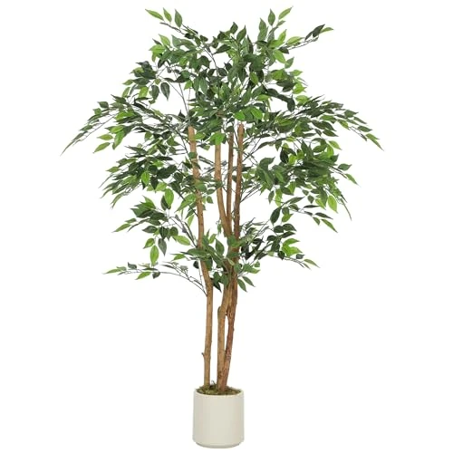Offerta a tempo: HOMCOM Pianta Artificiale di Baniano con Rami Orientabili e Vaso Contenitore Bianco in PP e Cemento, Pianta Verde in PEVA e Legno, per Interno, Ufficio, Soggiorno, Camera da Letto, 65x65x150 cm - 11% da 49.95 € a 44.41 €