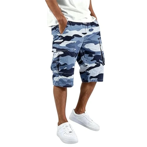 Offerta a tempo: Pantaloncini cargo da uomo mimetici da uomo, con tasche, casual, elastici in vita, con multitasche, abbigliamento da lavoro estivo, pantaloni tattici per escursionismo, camminate all'aperto, pantaloni - 0.00% da 21.98 € a 21.98 €