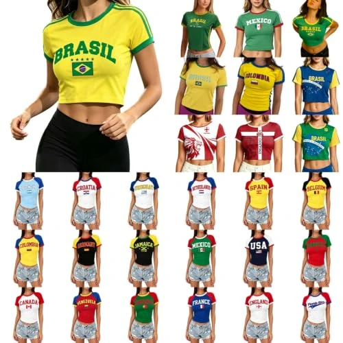 Zeitlich begrenztes Angebot: Vhersily Damen Sommer T-Shirt Druck Kolumbien Kurzarm Bauchfrei Sexy Slim Fit Slim Fit Slim Fit Slim Fit Slim Fit Sportliches T-Shirt für Fußballfans Party Club Meisterschaft, Gelb 1, X-Small von 14.98 € auf 14.98 € (0.0% Raba