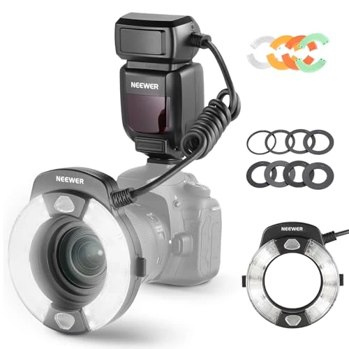Offerta a tempo: NEEWER RF1-C 76Ws Marco Ring Flash Compatibile con Canon, Uscita 1-1/128, GN15, 5600K, Sinc delle Tendine Anteriori/Posteriori, Luce Flash TTL con Gel Colorati e Adattatori Lente per Fotografia Macro - 8% da 141.94 € a 129.99 €