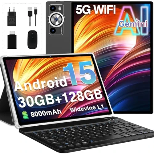 Offerta a tempo: Tablet Android 15 Gemini AI, 30GB RAM+128GB ROM/2TB Tablet 10 Pollici, 8000mAh, 5G WiFi, Corpo Metallico, Unisoc Octa Core/5+8MP/Widevine L1/Face ID/BT5.0/GPS Tablets con Tastiera e Mouse - Nero - 0.0% da 109.99 € a 109.99 €
