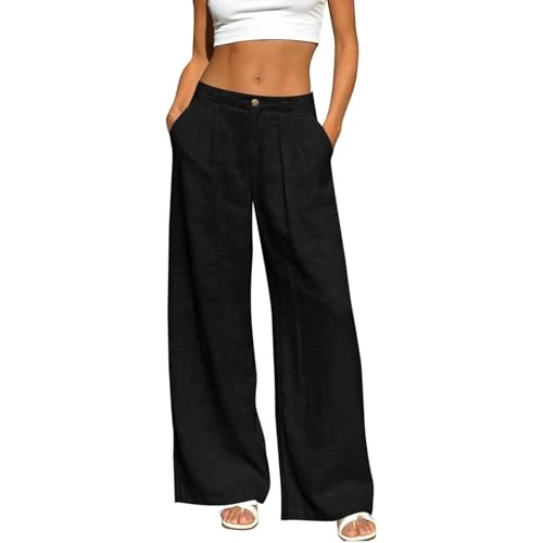 Offerta a tempo: Pantaloni Donna Estivi,Pantaloni Donna Estivi Lino Pants con Tasca Taglio Dritto Pantalone a Gamba Larga con Elastico in Vita Freschi Abbigliamento Tinta Unita Solido Sciolto Vacanze Mare Nero L - 0.00% da 19.98 € a 19.98 €