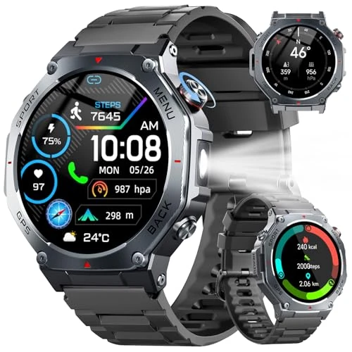 Offerta a tempo: Smartwatch Uomo GPS, 1.43" HD Chiamate Bluetooth, Orologio Tattico Sportivo Impermeabile 5ATM, Tracker Attività con Sonno/Cardiofrequenzimetro/Torcia/Bussola,160+ Modalità Sport per Android iOS - 46% da 129.99 € a 69.99 €