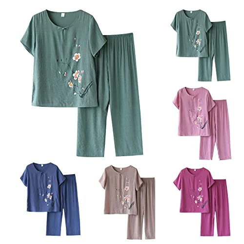 Offerta a tempo: Fccrian Completo Lino Donna Tute Estive Stampa Top Elegante Vita Elastica Pantaloni Leggeri Vita Alta Casual Completa Maniche Corte Leggera Vestibilità Ampia Completo Con Pantaloni Lunghi - 0.00% da 20.99 € a 20.99 €