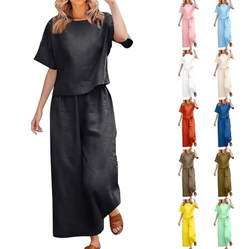 Offerta a tempo: Fccrian Completi Estivi Donna Completo Lino Tinta Unita Maglietta Elegante Elastico In Vita Pantaloni Gamba Dritta Vestibilità Ampia Tuta Completo Estivi 2 Pezzi Completo Con Pantaloni Lunghi - 0.00% da 44.98 € a 44.98 €