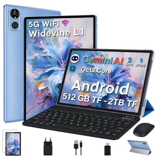 Offerta a tempo: Tablet 10 Pollici Android 15 Tablets con Gemini AI, 64GB+2TB TF, GMS, Tablets 5G+2.4G WIFI, Octa-Core 2.0GHz, Face ID,Widevine L1 FHD,BT5.0,Type-C,8MP+5MP, GPS ,Tablet 3 in 1 con Tastiera e Mouse, Blu - 41% da 169.99 € a 99.99 €