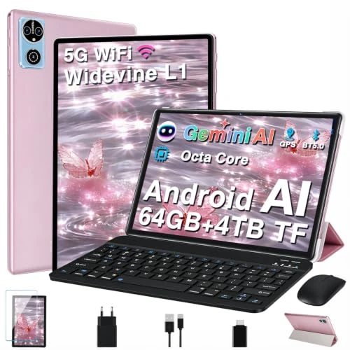 Offerta a tempo: Tablet 10 Pollici Android 15 Tablets con Gemini AI, 64GB+2TB TF, GMS, Tablets 5G+2.4G WIFI,Octa-Core 2.0GHz, Face ID,Widevine L1 FHD,BT5.0,Type-C,8+5MP, GPS,Tablet 3 in 1 con Tastiera e Mouse,Oro rosa - 41% da 169.99 € a 99.99 €