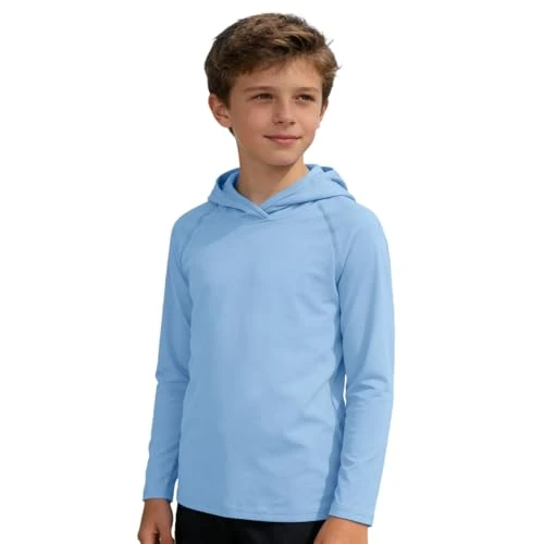 Offerta a tempo: Magliette Rash Guard con Cappuccio per Ragazzo Maniche Lunghe Camicia da Pesca Leggero Estiva Anti-UV Protezione Solare Felpa Cappuccio per Spiaggia ed Escursioni - 0.00% da 19.99 € a 19.99 €
