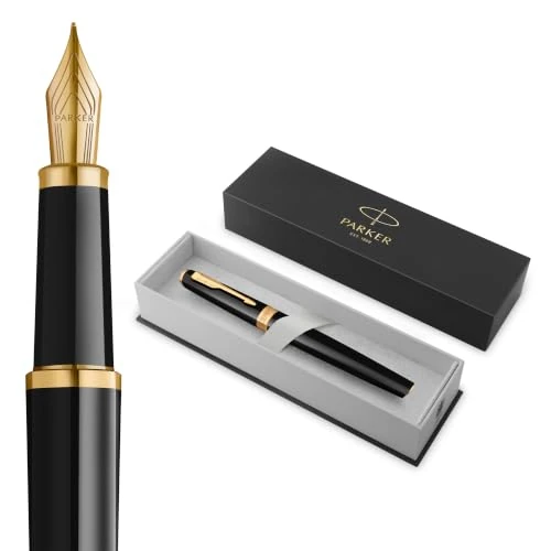 Offerta a tempo: Parker Meridian Penna stilografica | Lacca nera con rifiniture dorate | Pennino fine | Penna da scrittura e Materiali per Cancelleria | Inchiostro blu | Confezione regalo di lusso - 0.00% da 63.56 € a 63.56 €