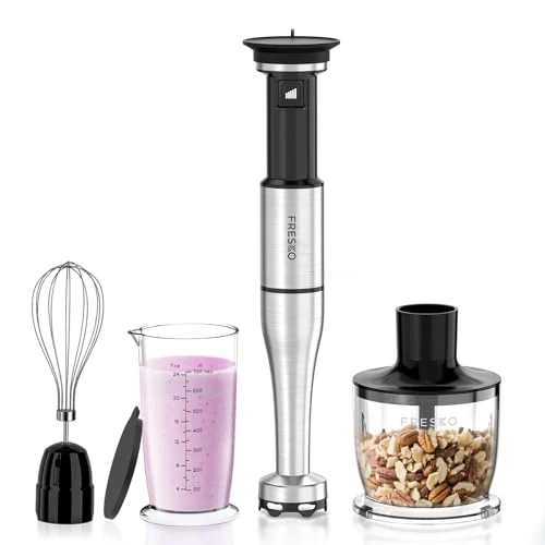 Tijdelijke aanbieding: FRESKO Handmixer, instelbare snelheid, 1000 W minipimer van roestvrij staal met pannenbescherming, 4 accessoires, mixer voor babyvoeding, soepen, smoothies, purees, sauzen van 61.65 € naar 61.65 € (0.00% korting)