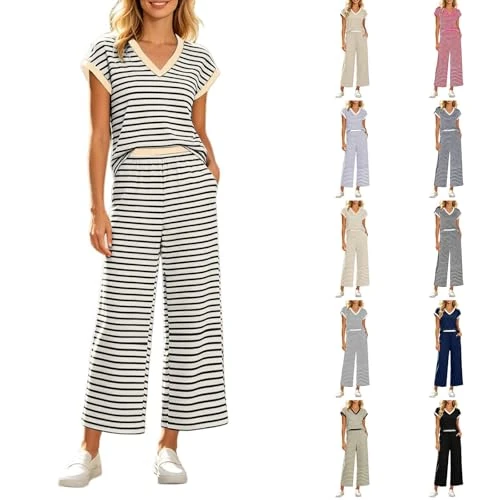 Offerta a tempo: Sobzia Completo Donna Estivo,Tuta Estiva in Due Pezzi, a Righe, Camicia a Maniche Corte e Pantaloni, Scollo a V, Tuta da Casa, Elegante, per Ufficio, Lavoro, Lounge Beige L - 0.00% da 29.98 € a 29.98 €