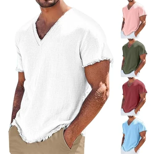 Limited-time offer: Tnompsu Men's Cotton and Linen Short Sleeve Solid Color T-Shirts Summer V Neck Regular Cut Vacation Casual T-Shirt Cool Breathable Tops for Casual Outings and Beach, 01#white, S from 29.54 £ to 29.54 £ (save 0.0%)