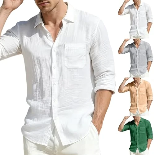 Offerta a tempo: Tnompsu Camicia Uomo Elegante A Manica Lunga Cotone E Lino Camicie Estive Uomo Tinta Unita vestibilità Regolare Colletto Rovesciato Tasca Anteriore Fresca Traspirante Top per Tempo Libero - 0.00% da 33.98 € a 33.98 €