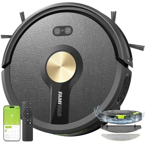 Oferta limitada: FAMIVAC R10 Robot Aspirador con Fregona,6000Pa Succión Potente,Anti-Enredo | Navegación Giroscópica, Ultradelgado, Control por APP/Mando/Voz, Carga Automática, 3 en 1, para Pelo de Mascotas y Alfombras de 199.99 € a 115.59 € (ahorro 42%)